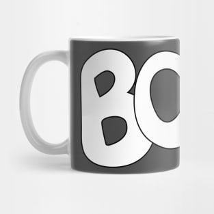 BOO text art in white bubble letters Mug